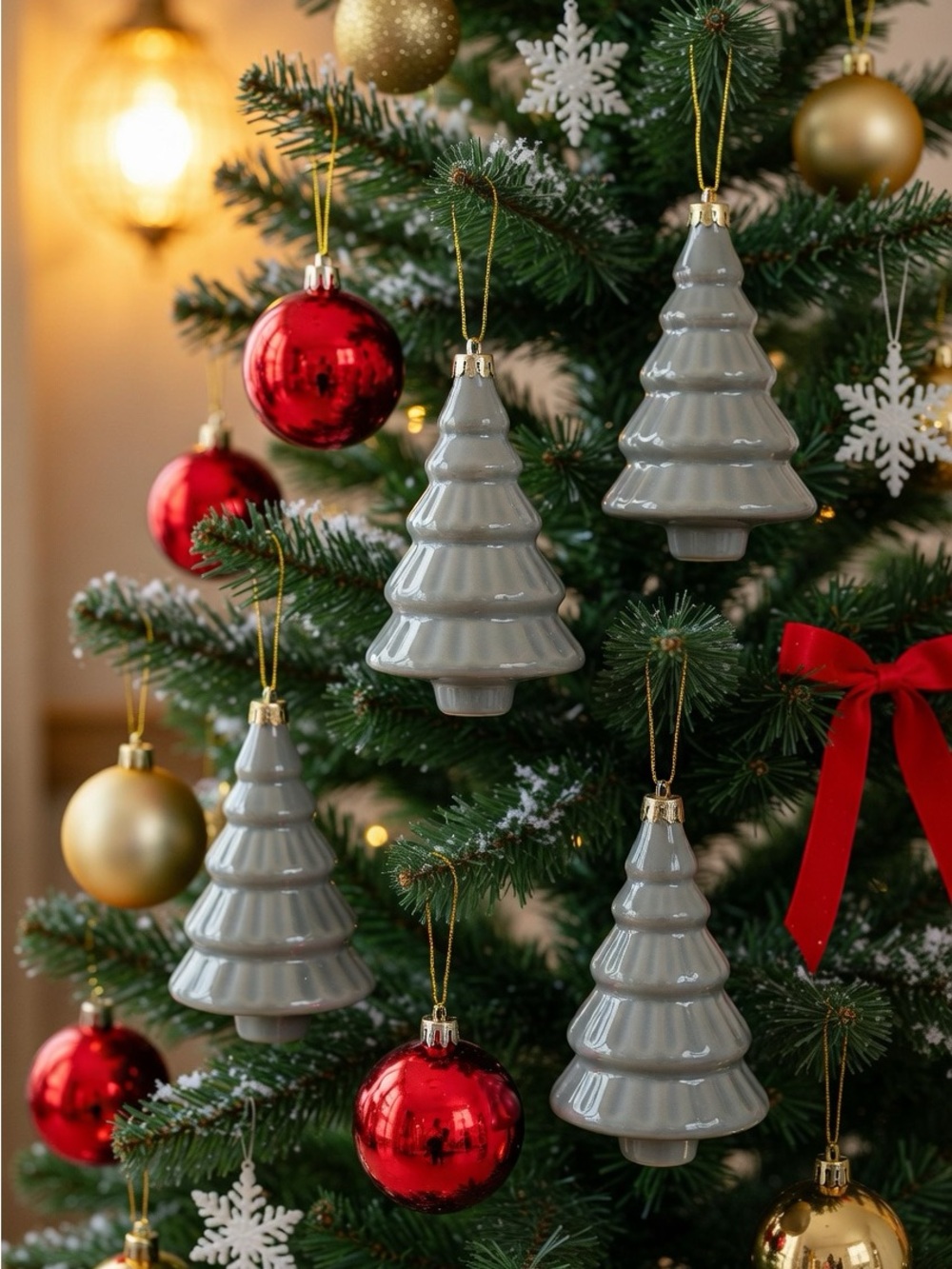 Set of 4 Ceramic Grey Christmas Tree Ornaments